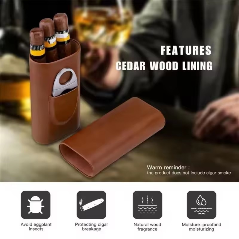 가죽 시가 케이스 3개의 손가락 수납 공간과 시더 우드 - Premium Cigar Case 리뷰 및 가격